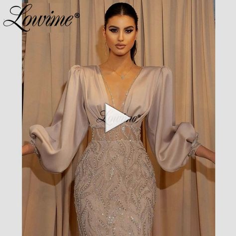 ✓✓ Lowime Dubai Elegant Long Sleeve Evening Dresses Robes De Soiree 2022 Arabic Mermaid Party Gowns V white mini dress with boots, white mini dress halloween, graduation dresses, white mini dress formal...