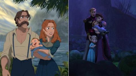 Director Chris Buck confirms that, in his mind, the parents from Tarzan (left) are the same parents from Frozen (right), with Tarzan taking place after the shipwreck. Elsa And Anna Parents, Frozen Theory, Tarzan Parents, Tarzan 1999, Rapunzel Wedding, Disney Secrets, Anna And Elsa, Fan Theories, Disney Fan