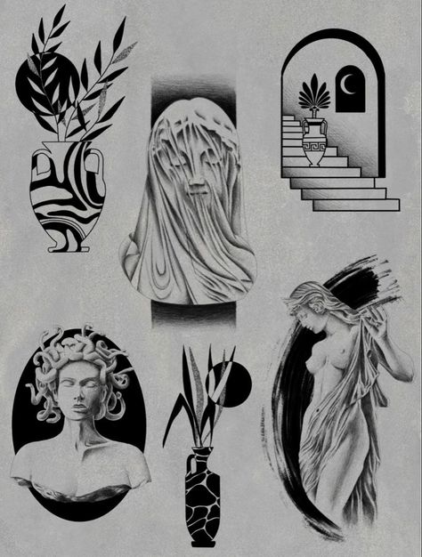 Flash Sketch, Surreal Tattoo, Statue Tattoo, Greek Statues, Creepy Tattoos, Silhouette Painting, Greek Tattoos, Tattoo Portfolio, Line Art Tattoos