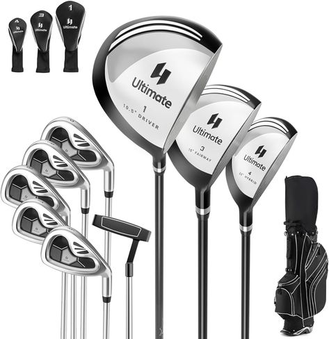 10-Piece Men's Complete Golf Clubs Set: Including 1# driver with head cover, 3# fairway with head cover, 4# hybrid with head cover, 6# iron, 7# iron, 8# iron, 9# iron, P#, iron putter and golf stand bag, this 10-piece right-handed complete golf club set is a perfect gift for male golf players. Aerodynamics Design, Golf Stand Bags, Golf Club Sets, Pieces Men, Golf Player, Putt Putt, Golf Game, Golfers, Feature Light