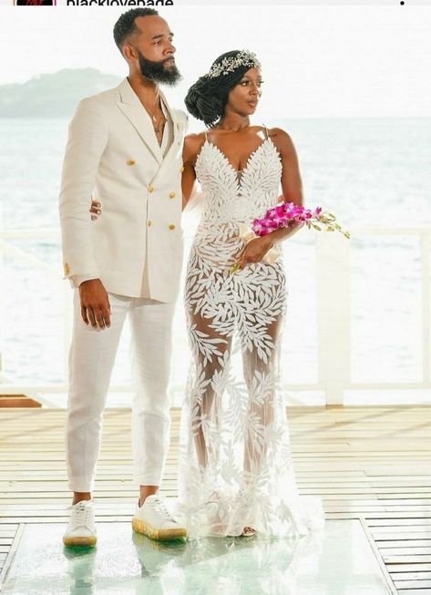 All White Party Outfits Couples, African American Beach Wedding, 10 Year Anniversary Dress Ideas, Vow Renewal Dress 25th Anniversary Beach, African Beach Wedding, Island Wedding Dress Beach, Beach Wedding Dress Black Women, Beach Wedding Black Couple, Vowel Renewal Ideas Dresses