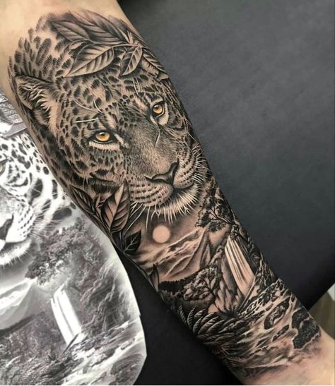 Jaguar Jungle Tattoo, Leopard Tattoos Men, Jaguar Tattoo Leg, Jungle Theme Leg Sleeve, Jaguar Sleeve Tattoo, Leopard Tattoo Men, Panther Tattoo Men, Jaguar Chest Tattoo, Jaguar Tattoo Men