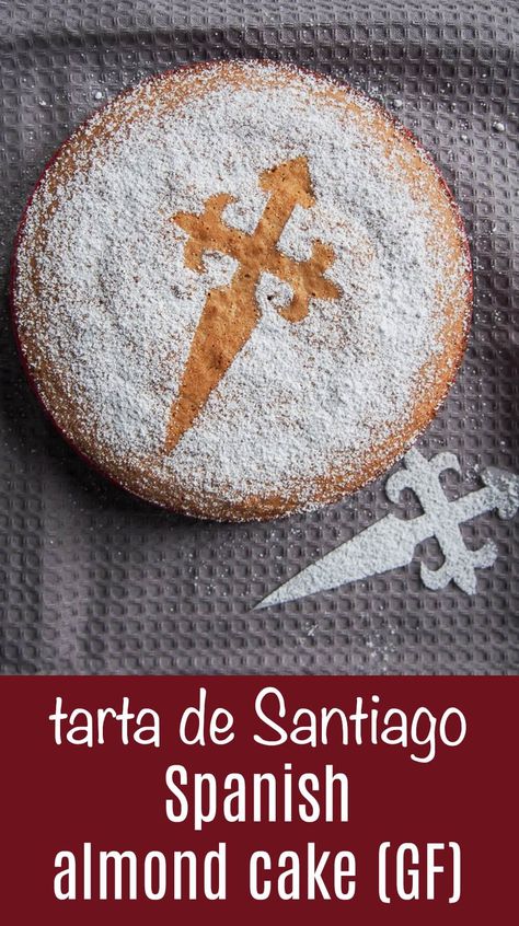 Tarta de Santiago is an almond cake from Spain that couldn't be easier to make. It's naturally gluten free, with a little brightness from lemon and lovely sweet, soft texture. Great for coffee time or dessert. #glutenfree #cake #spanishrecipe #almond Santiago Cake, Spanish Almond Cake, New Year Desserts, Paella Party, Persian Desserts, Spanish Desserts, New Year's Desserts, Spanish Recipes, Tapas Recipes