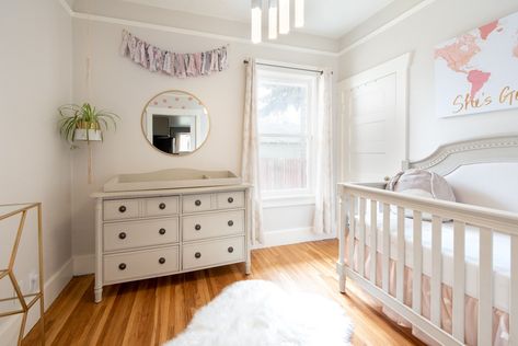 Small nursery. Evolur Julienne Crib and Dresser. Grey walls. Pink and gold adventure Dresser Grey, Small Nursery, Small Nurseries, Grey Walls, Cribs, Pink And Gold, Dresser, Nursery, Bed