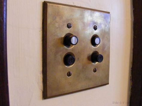 Add some character with vintage light switch covers and reproduction push button switches -- easier and cheaper than you think! (from dohiy.com) Brass Push Button Light Switch, Vintage Push Button Light Switch, Old Light Switch Vintage, Vintage Switches, Antique Light Switch, Push Button Light Switch, Button Light Switch, Switchplate Covers, Vintage Light Switches