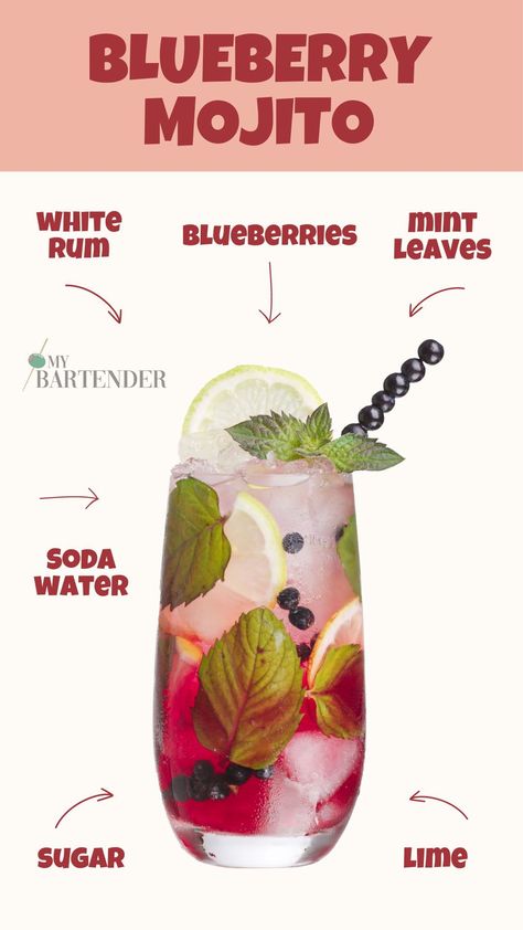 It’s cool, refreshing, and has just the right mix of sweet and tangy flavors. Made with fresh blueberries, mint, lime, sugar, rum, and a splash of soda, it’s a colorful twist on the classic Mojito. #BlueberryMojito Mojito Flavors, Blueberry Mojitos, Smoothy Recipes, Blueberry Mojito Recipe, Pomegranate Mojito, Blueberry Margarita, Passion Fruit Mojito, Vision Collage, Classic Mojito