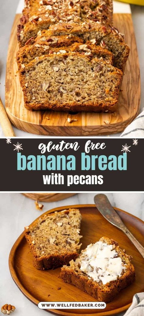 Looking for a delicious gluten-free banana bread recipe that's sure to impress? Look no further than this mouthwatering recipe, featuring the perfect blend of sweet bananas and crunchy pecans. Moist and tender, this bread is perfect for breakfast, brunch, or a sweet snack any time of day. So why not give it a try and see for yourself just how delicious gluten-free baking can be? Pin it now to save this recipe for later! Gluten Free Banana Walnut Bread, Vegan Gf Banana Bread, Gluten Free Banana Recipes, Banana Bread Recipe Gluten Free, Gluten Free Banana Nut Bread, Best Gluten Free Banana Bread, Gluten Free Banana Bread Muffins, Gf Banana Bread, Banana Bread Gf Df