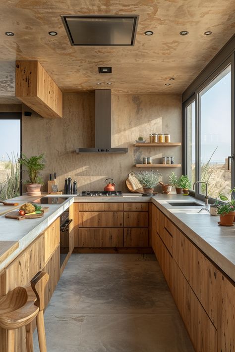 Warm, Inviting Kitchen with Rustic-Modern Charm: Wooden cabinets meet sleek stainless steel elements in a sanctuary of natural beauty. Bathed in sunlight from a large window with serene outdoor views, this kitchen balances earthy tones with contemporary accents. At NOVASPACE PROMOciones, we create timeless designs that embody ultimate energy efficiency and style. Explore our projects and redefine comfort. Natural Kitchen Design, Warm Inviting Kitchen, Earthy House, Modern Wooden Kitchen, Zen Kitchen, Passive House Design, Inviting Kitchen, Embrace Natural Beauty, Natural Kitchen