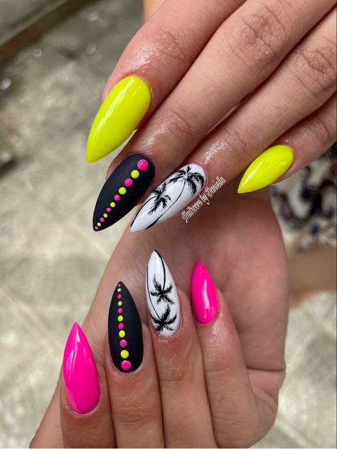 Black Red Pink Nails, Pink And Black Summer Nails, Black Bright Nails, Neon Pink Yellow Nails, Summer Accent Nail Ideas, Black And Bright Nails, Neon Almond Nails Designs, Pink Lemonade Nail Designs, Black And Neon Yellow Nails