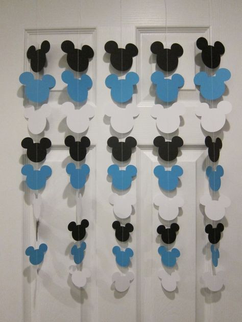 Black Blue and White Mouse Style Garland Strand by SuzyIsAnArtist Mickey Photo Booth, Baby Mickey Mouse Cake, Prince Baby Shower Cake, Mickey Baby Showers, Twodles Birthday, Fiesta Mickey Mouse, Mickey Mouse Baby Shower, First Birthday Photography, Mickey Mouse Clubhouse Birthday Party