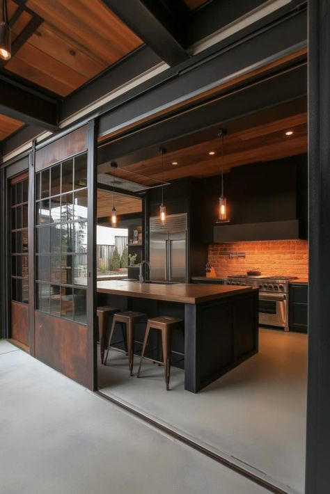 39 Industrial Kitchen Ideas: Outfitting for Efficiency Soho Loft Kitchen, Modern French Farmhouse Kitchen, Shop Kitchen Ideas, Industrial Warehouse Home, Industrial House Design, Black Industrial Kitchen, Industrial Loft Kitchen, Industrial Kitchen Ideas, Industrial Modern Kitchen