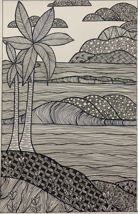 Zentangle Beach Scenes, Line Art Landscape Drawings, Zentangle Landscape Line Drawings, Trippy Line Art, Zentagle Drawing Ideas, Drawing Ideas Landscape, Unique Zentangle Drawings, Zentangle Landscape, Zentagle Drawing