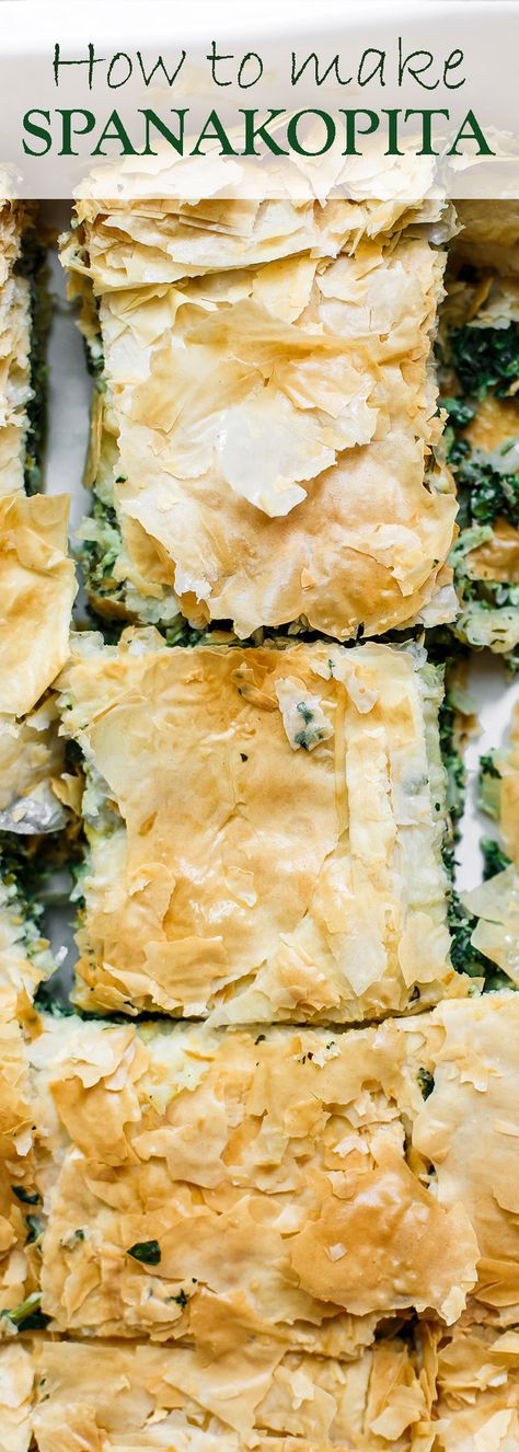 Spanakopita Recipe (Greek Spinach Pie) | The Mediterranean Dish. The best tutorial for how to make spanakopita. Greek spinach pie with crispy, golden phyllo and a soft filling of spinach, feta cheese, and herbs. A holiday recipe for make it for dinner! So Spanakopita Recipe, Greek Spinach, Greek Spinach Pie, The Mediterranean Dish, Spinach Pie, Spinach Feta, Resep Diet, Greek Cooking, Greek Dishes