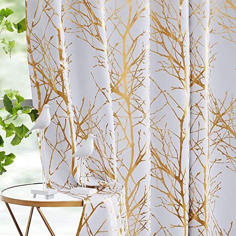 Amazon.com: FMFUNCTEX Branch White Blackout Curtains 63" Gold White Tree Curtains for Bedroom Living Room Darkening Window Curtain Panels for Nursery Guest Room Grommet Top 2 Panels : Everything Else Gold And White Curtains, Nursery Guest Room, Tree Curtains, Insulated Drapes, White Blackout Curtains, Decorative Curtain Rods, Window Treatments Bedroom, Gold Curtains, Curtains For Bedroom