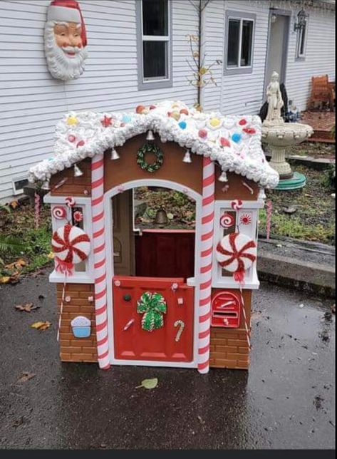 Turning A Play House Into A Gingerbread House, Little Tykes Playhouse Gingerbread House, Turn Playhouse Into Gingerbread House, Gingerbread Little Tikes House, Christmas Decorated Playhouse, Little Tikes Playhouse Gingerbread House, Kids Playhouse Gingerbread House, Playhouse Turned Into Gingerbread House, Playhouse Decorated For Christmas