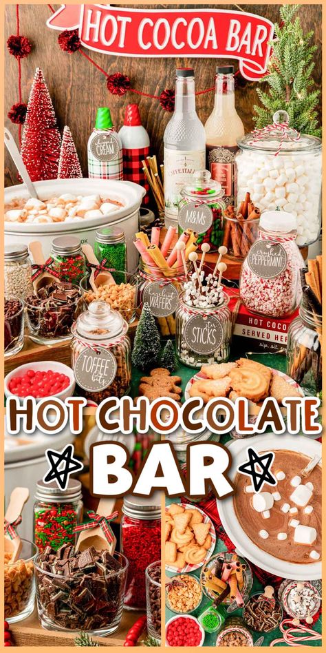 Prepare a fun and festive Hot Chocolate Bar for your holiday or winter gatherings! Start with a delicious hot chocolate recipe then add all the toppings! Hot Cocoa Bar Snacks, Best Hot Chocolate Bar Ideas, Holiday Cocoa Bar, Boozy Hot Cocoa Bar, Coffee And Hot Cocoa Bar Ideas, Diy Hot Chocolate Bar Dollar Tree, Hot Cocoa Bar Christmas Party, Work Hot Cocoa Bar, Hot Chocolate Bar Toppings