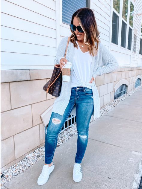 This Will be My Go-To Fall Outfit Outfit For 75 Degree Weather, Mid-rise Ripped Flare Jeans For Fall, Fall Ripped Mid-rise Cropped Jeans, Fall Mid-rise Jeans With Frayed Hem, Casual Mid-rise Distressed Jeans, Fitted Mid-rise Distressed Cropped Jeans, Nordstrom Sale, Grey Cardigan, Daily Look