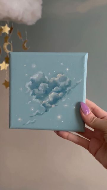 Clouds On Canvas Easy, Aesthetic Heart Painting, Cute Cloud Paintings, Tableau Aesthetic, Mini Canvas Art Clouds, Shelly Clouds, Heart Cloud Painting, Acrilic Paintings Clouds, Peta Pikiran