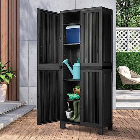 Livsip 173cm Garden Shed with Adjustable Shelf and Lockable Doors Outdoor Storage Cabinet Black Garage Garden, Outdoor Cabinet, Removable Shelves, Cabinet Boxes, Outdoor Storage Cabinet, Tall Cabinet, Outdoor Essentials, Wardrobe Storage, Cupboard Storage