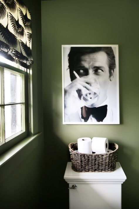 toilet paper storage. artwork above toilet. Wc Decoration, Hunted Interior, Quirky Decor, Roger Moore, Green Walls, Quirky Art, Roman Shade, Downstairs Bathroom, Budget Bathroom