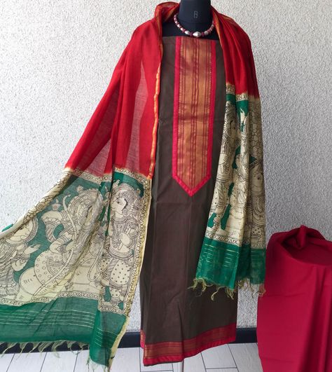 #handpainted #vegetable color#Kalamkari#dupattas South Cotton Suit Designs With Border, Mangalgiri Kurta Patterns, South Cotton Kurti Design, South Cotton Suit Designs, Banarasi Suit Designs Latest, Cotton Suit Designs, Cotton Blouse Design, Kurta Patterns, Churidar Designs