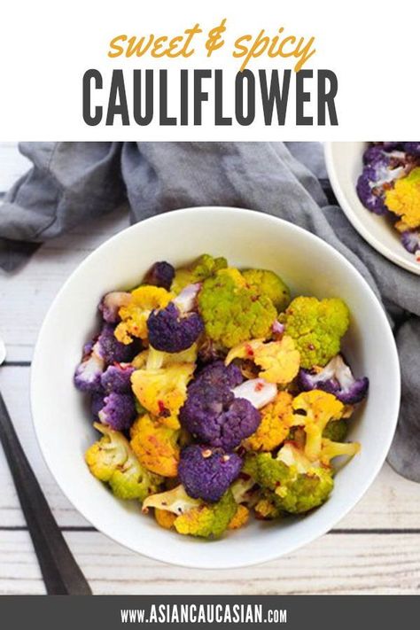 This tri-colored cauliflower is a fun and easy side dish with an Asian twist! It's gluten free and dairy free, but don't let those healthy labels fool you - this roasted cauliflower recipe is packed with incredible flavor, and will become a family favorite! #sidedish #glutenfree Colored Cauliflower Recipes, Colored Cauliflower, Cauliflower Side Dish, Roasted Cauliflower Recipe, Asian Fusion Recipes, Fusion Recipes, Healthy Asian Recipes, Spicy Cauliflower, Roasted Cauliflower Recipes