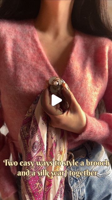 Zornitsa Ivova on Instagram: "Two easy ways to style a brooch and a silk scarf together 🤍 The scarf I'm using is in this tutorial a vintage J&J silk scarf and its size is 47x47cm. You can try these with a slightly bigger scarf as long as it's made of a lighter material. The brooch I'm using is a vintage piece but you can easily find similar models (if don't already have one in your jewelry box) Both ways look perfect with V-necks in my personal opinion, but you can try it with unbuttoned classic shirts, tees, etc.  If you like the ideas make sure to save this for your future inspo 🤍" Silk Scarf Style, Big Scarf, Scarf Style, Scarf Tying, Vintage Crafts, Scarfs, Classic Shirt, Scarf Styles, Try It