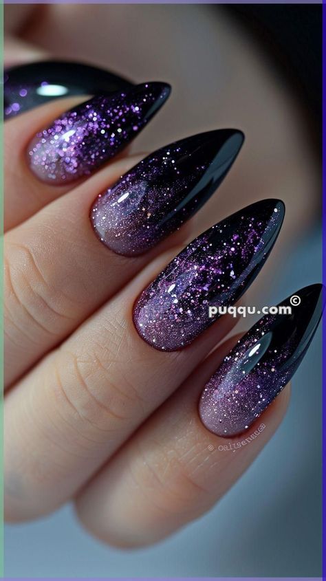 Purple Black Nails Ideas, Dark Purple And Blue Nails, Nails For Prom Purple, Dark Purple Sparkly Nails, Dark Purple And Silver Nails, Purple And Black Nail Ideas, Purple Manicure Ideas, Elegant Purple Nails, Nails Inspiration Purple