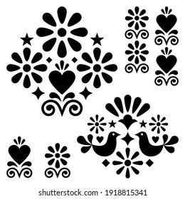 Vectores de arte folclórico mexicano diseñan elementos y patrones, motivos negros y blancos con flores, pájaros, corazones. Colección tradicional de ornamentos retro inspirada en el arte de México - tarjeta de saludo Mexican Line Art, Mexican Folk Art Pattern, Mexican Graphic Design, Talavera Art, Human Body Projects, Talavera Design, Pyrex Patterns, Mexican Flowers, Scandinavian Pattern