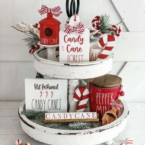 Candy Cane Tiered Tray Decor, Christmas Kitchen Counter Decor, Candy Cane Theme Decorations, Christmas Tray Ideas, Christmas Decor Candy Cane, Candy Cane Christmas Decorations, Christmas Tray Decor, Future Christmas, Mini Shelf