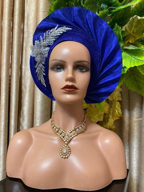 Auto Gele Head Wrap, Blue Nigerian Aso Oke Gele Head Tie, Head Wrap For Black Women, African Head Wrap, Gele Head Wrap by SereneAfrica on Etsy