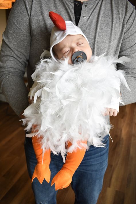 Newborn Chicken Costume, Infant Chicken Costume Diy, Infant Chicken Costume, Diy Infant Cow Costume, Diy Baby Chicken Costume, Mother Hen Costume, Family Chicken Costume, Baby’s First Halloween Costume, Diy Newborn Halloween Costumes