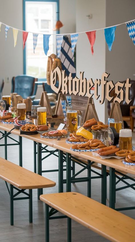 How to Plan the Perfect Oktoberfest-Themed Party at Home Oktoberfest At Home, Oktoberfest Birthday Party, German Party Decorations, Oktoberfest Kids Party, Oktoberfest Table Decorations, Oktoberfest Decor, Octoberfest Party Ideas, Bavarian Decor, Oktoberfest Table