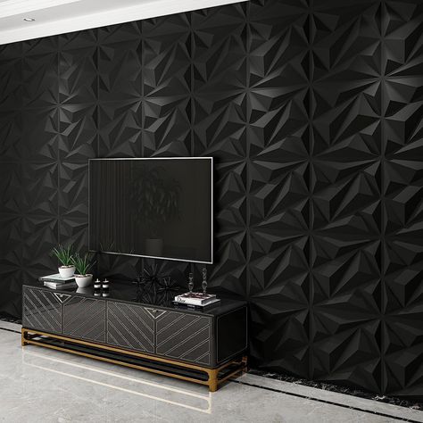 Black 3d Wall Panels, 3d Panel Wall Ideas, Black Panel Wall, Pvc Wall Panels Designs, 3d Textured Wall Panels, Black Walls Bedroom, Textured Wall Panels, Black Feature Wall, 3d Wall Tiles