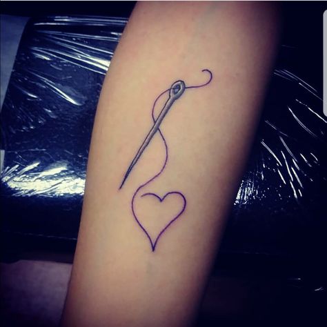 Needle and Heart Thread Tattoo Needle And Thread Tattoo Design, Sewing Heart Tattoo, Sewn Heart Tattoo, Sewing Tattoo Ideas Grandma, Sewing Tattoo Grandma, Quilt Tattoo Ideas, Sewing Needle Tattoo, Grandparent Tattoos, Needle And Thread Tattoo