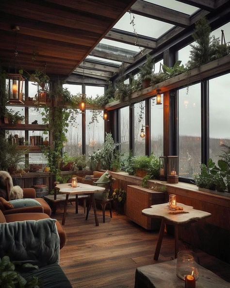 Moody Cozy Aesthetic, Green House Apartment, Earthy Sunroom Ideas, Apothecary Sunroom, Modern Academia Interior Design, Rooftop Library, Earthy Sunroom, Rooftop Sunroom, Moody Sunroom