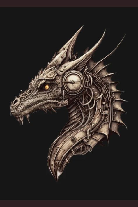 This steampunk dragon t-shirt features a detailed and intricate illustration of a bold and daring dragon, prepared to take on any challenge. The dragon is designed with a steampunk aesthetic, adorned with a variety of gears, cogs, and other mechanical components. Wear this t-shirt with pride and show the world your strength and courage. Mechanical Dragon Art, Steampunk Art Drawing Sketches, Steampunk Dragon Tattoo, Steampunk Pyrography, Steampunk Moodboard, Steampunk Sketch, Machine Dragon, Steampunk Art Drawing, Mechanical Dragon