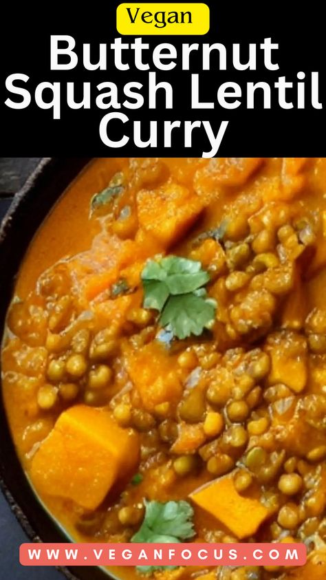 Butternut Squash Lentil Curry is an absolute gem and surprisingly easy to make! Those tender cubes of butternut squash and lentils soak up all that creamy coconut, spices and vegetable goodness. This curry makes a tasty dinner or lunch. It also can be made ahead of time, frozen and used on meal prep day. And the best part? It’s totally vegan and gluten-free!  Imagine serving this curry over a fluffy rice or tearing off a warm piece of naan to scoop up those delicious mouthfuls. Lentil Butternut Squash Curry, Butternut And Lentil Curry, Lentils Butternut Squash, Butternut Curry Recipe, Lentil And Butternut Squash Recipes, Butternut Squash And Lentil Curry, Red Lentil Butternut Squash Curry, Indian Butternut Squash Recipes, Healing Curry Butternut Squash Lentil Soup