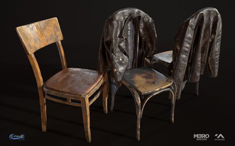 ArtStation - Metro Exodus: Chairs And Leather Jacket, cView Studios Antic Furniture, Creative Process Design, Maya Modeling, Metro Exodus, Pair Of Chairs, Fallout Game, Props Concept, City Games, Tactical Gear Loadout