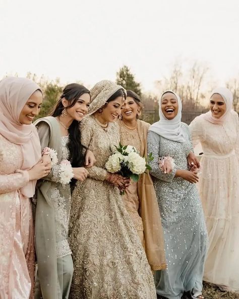 Desi Bridesmaids, Hijabi Wedding, Winter Bridal Bouquets, Pastel Bridesmaids, Pastel Bridesmaid Dresses, Winter Bridesmaids, Winter Bridesmaid Dresses, Desi Wedding Dresses, Bridal Party Outfit