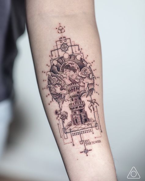 Tarot Card Tattoo Tower, Tower Tarot Card Tattoo, Tarot Tower Tattoo, The Tower Tarot Card Tattoo, Tarot Sleeve Tattoo, Event Horizon Tattoo, Fine Line Tarot Card Tattoo, Fine Line Micro Realism Tattoo, Tarot Inspired Tattoos