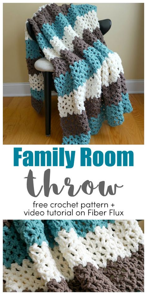 Family Room Throw, Free Crochet Pattern + Full Video Tutorial - fiberfluxblog.com Free Crochet Throw Patterns Easy Crochet, Crochet Adult Blankets, Crochet Afgans Bulky Yarn, Bernat Crochet Blanket Pattern, Free Crochet Patterns Using Bernat Blanket Yarn, Crochet Afghan Pattern For Men, Bernat Blanket Ombre Yarn Patterns Crochet, Teen Boy Crochet Blanket, Aphgans Crochet Blanket Patterns Free