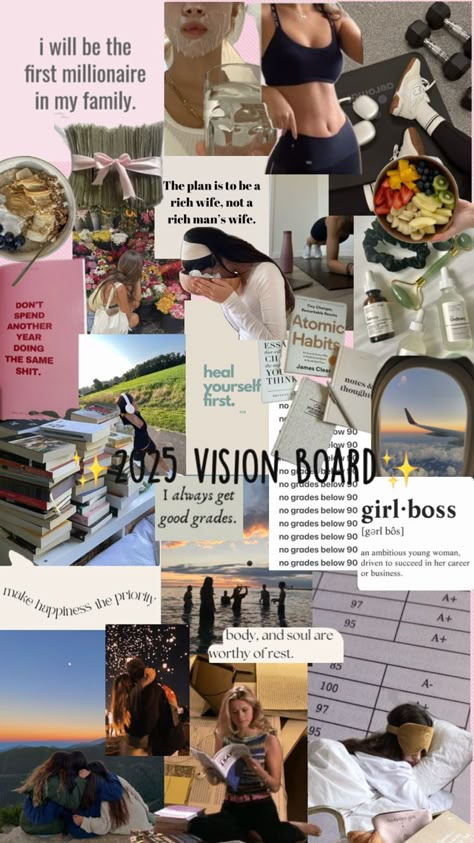 2025 Vision Board Aesthetic Girl, That Girl 2025 Vision Board, 2025 Clean Girl Goals, 2025 It Girl Vision Board, 2025 Christian Girl Vision Board, That Girl Vision Board 2025, 2025 Vision Board Clean Girl, Clean Girl Aesthetic Vision Board, 2025 Vision Board Mental Health