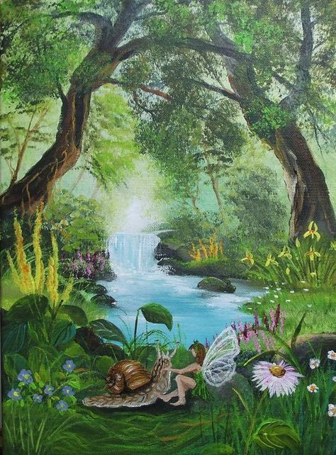 Fairytale Forest Painting, Painting Ideas On Canvas Fairycore, Fairies In Forest, Woodland Forest Painting, Fairy In Garden Drawing, Cute Fairy Garden Drawings, Enchanted Forest Art Illustrations, Fairytale Forest Art, Painting Ideas Fantasy World