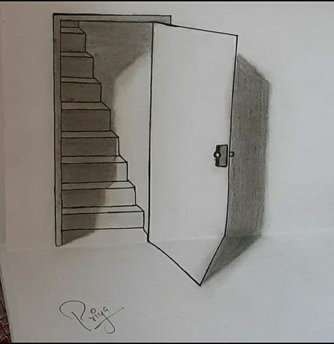 Mysterious Doorway Drawing, Open Door Drawing, Door Drawing, Art Sub Lessons, Optical Illusion Drawing, Illusion Drawings, Perspective Drawing Architecture, Person Drawing, Value In Art