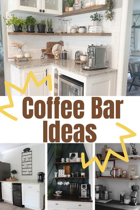 Kitchen Lower Cabinets Only, Coffee Bar Floating Shelves, Diy Corner Coffee Bar, Coffee Bar With Mini Fridge, Coffee Bar Ideas For Home, Coffee Bar Shelves, Diy Coffee Bar Table, Corner Coffee Station, Corner Coffee Bar Ideas