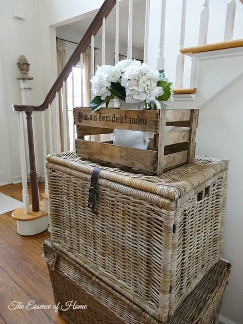 The Essence of Home: Decorating with Wooden Crates Wooden Baskets, Country Homestead, Crate Decor, Cane Baskets, Deco Champetre, Wicker Trunk, Wicker Headboard, Úložný Box, Lidded Baskets