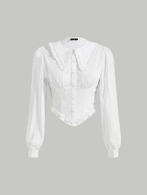 White Casual Collar Long Sleeve Woven Fabric Plain Shirt Embellished Non-Stretch  Women Tops, Blouses & Tee Long White Blouse, Shirts For Women Stylish, Fairy Shirt, White Blouses, Queen Outfit, Women White Blouse, Feminine Blouses, Plain Shirt, Plain Shirts