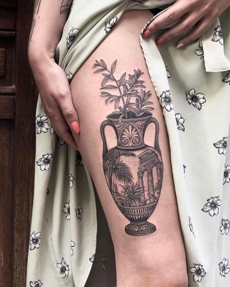 Flowers Leg Tattoo, Ancient Vase, Vase With Flowers, Leg Tattoo, Tattoo Inspo, Tattoo Shop, Leg Tattoos, Blackwork, Skull Tattoo