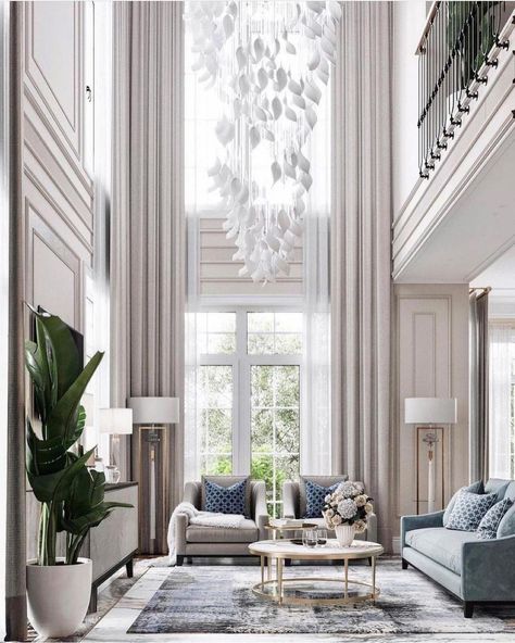 Big Chandelier High Ceilings, Long Chandelier High Ceilings, High Chandelier, Large Chandelier High Ceilings, High Ceiling Curtains, White Chandeliers, Porcelain Chandelier, Luxury Hall, Transitional Style Living Room